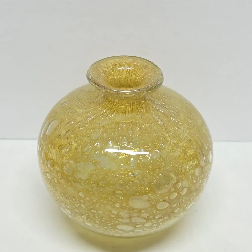 Vintage 70s MDINA Bubble Glass Globe Vase Yellow Ochre By Michael Harris Malta